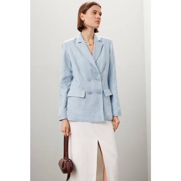 ROSETTA GETTY Light Blue Linen V-Neck Double Breasted Blazer Jacket Size 14 - Picture 1 of 15